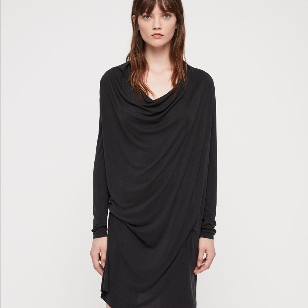 All Saints Amei oversized stretch convertible long sleeve dress black